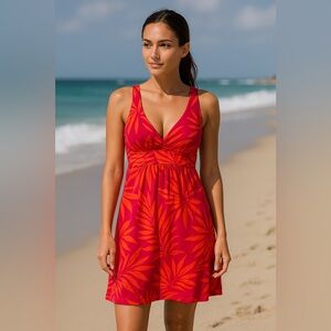 Orange leaves print‎ mini Beach resort summer dress padded bra stretch sz small